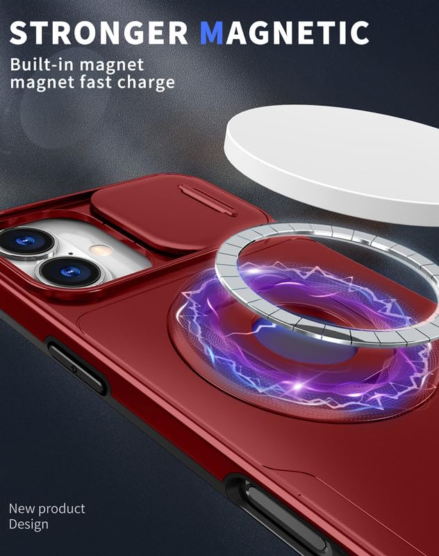 Image of LuxuryKase MagSafe Shockproof Rugged Back Case for iPhone 16 | Finger Ring Kickstand & Sliding Camera Cover | Military Drop Protection | Wireless Charging Support - Red