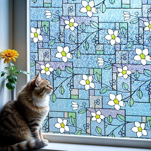 Image of WOO Home Frosted Glass Window Film & Stickers (24 X 96 INCH) Privacy Window Cover for Home & Office - Easy Apply, UV Protection, Removable Decorative Film (Blue Leaves Design Film | 2 X 8 SQFT)