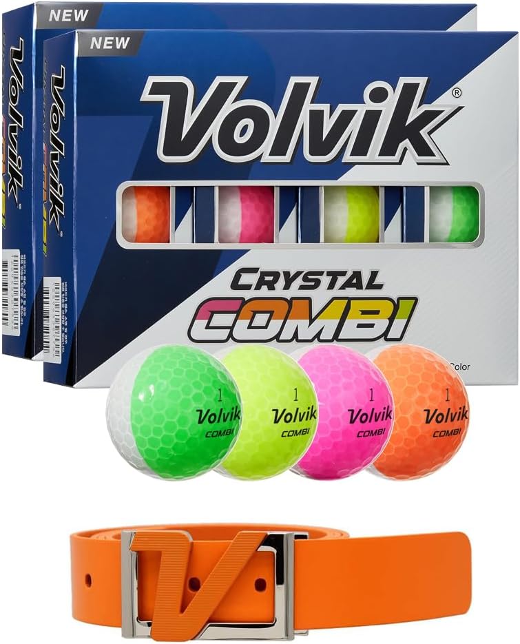 Volvik New Crystal Combi Dual Color Golf Balls Bundle with Genuine Italian Real Solid Leather Belt, Unisex