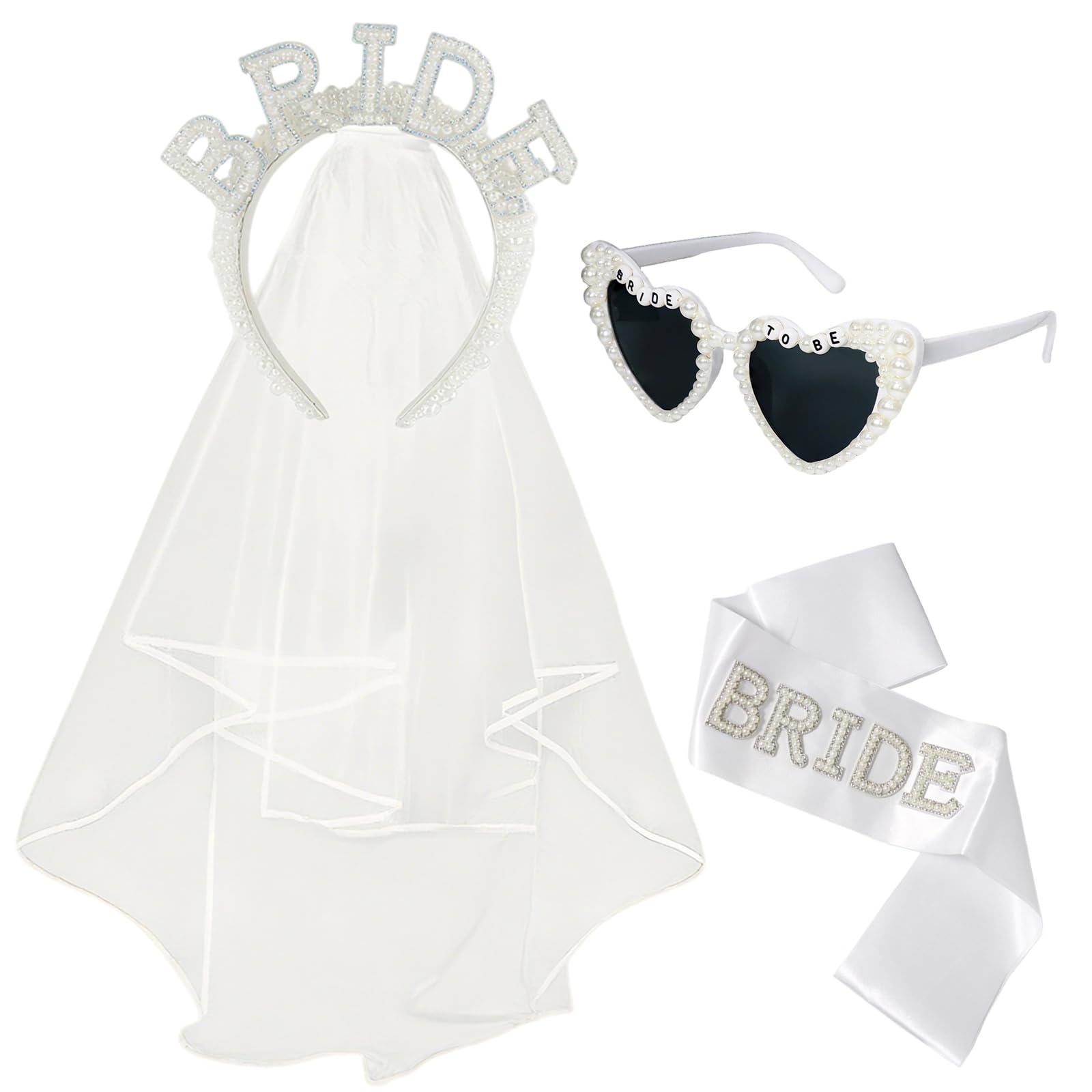 FULUDM Bride Headband Bride to Be Veil - Pearl Tiara with Sash Sunglasses for Hen Party Bachelorette Bridal Shower Wedding Decorations Accessories