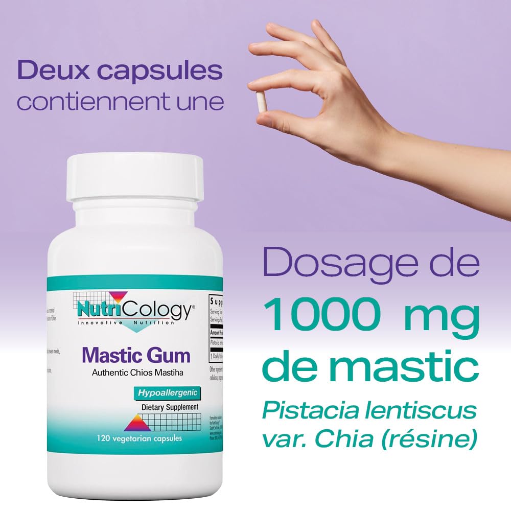 Nutricology, Mastic Gum (Mastix), 500mg, 120 Capsules végétaliennes, Végétarien, Sans Gluten, Sans Soja, Sans OGM