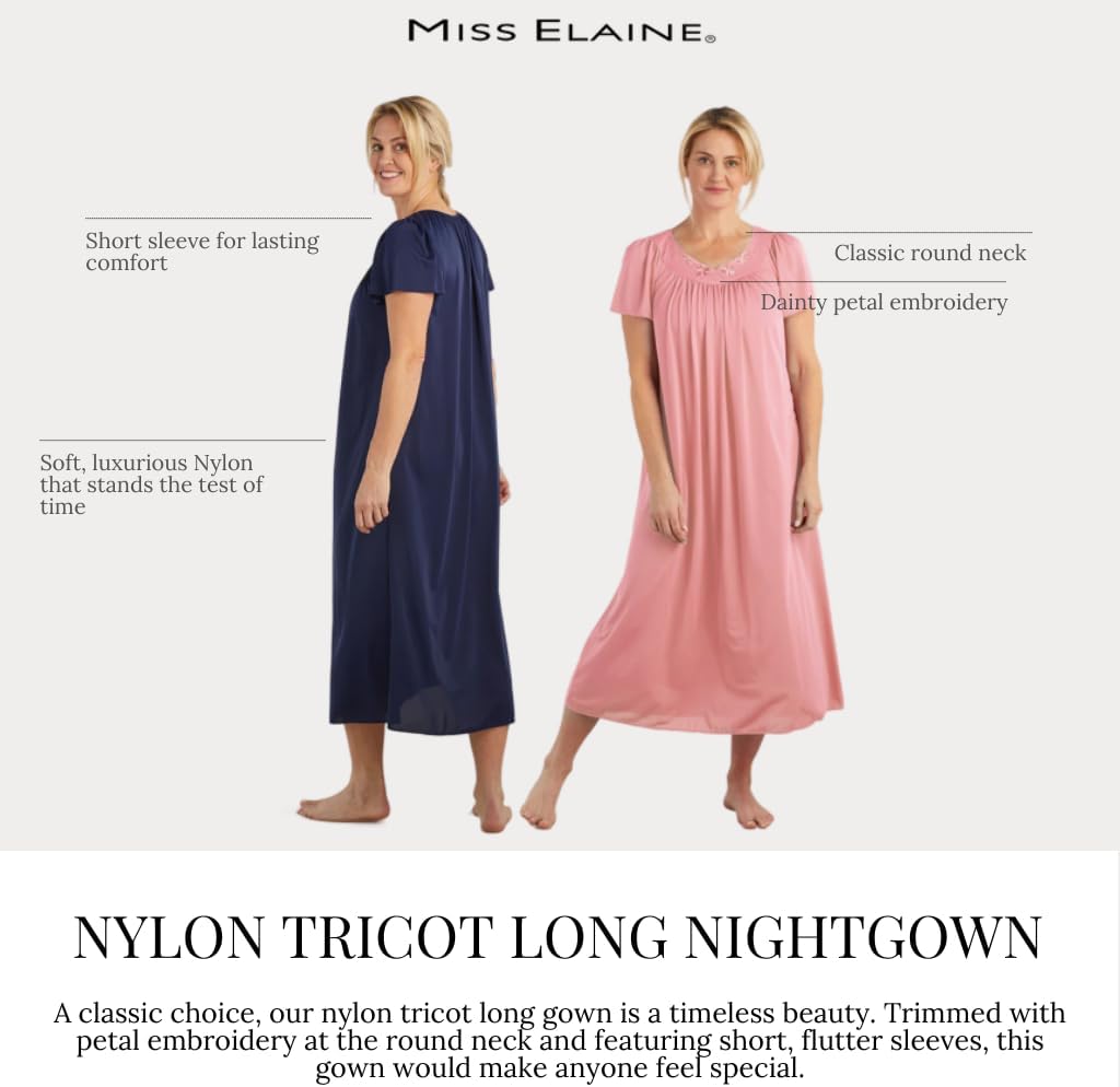 Miss Elaine Nightgown - Women's Long Tricot Nightgown, Short Flutter Sleeves, Comfortable Lightweight Fabric, Sleepwear - Image 3