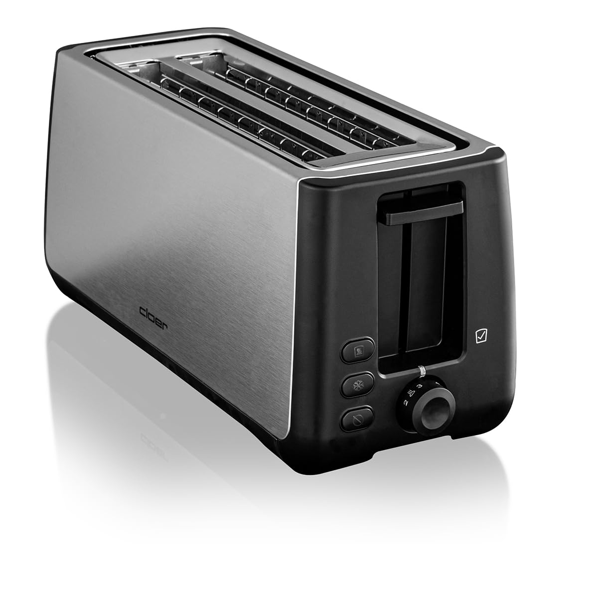 Cloer 3579 Tostapane King-Size per 4 Fette XXL, 1500 W, funzione toast-check, corpo in acciaio inossidabile con elementi in plastica nera