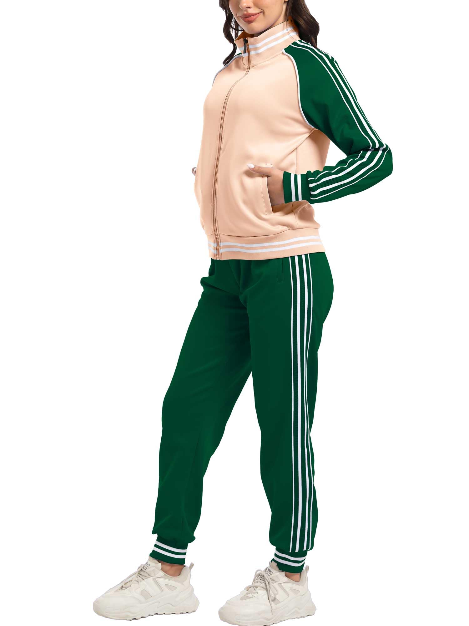 ANOTWENER Damen Trainingsanzug Set Gestreiftem Jogginganzug Sportanzug Zweiteiler Freizeitanzug mit Taschen S-XXL