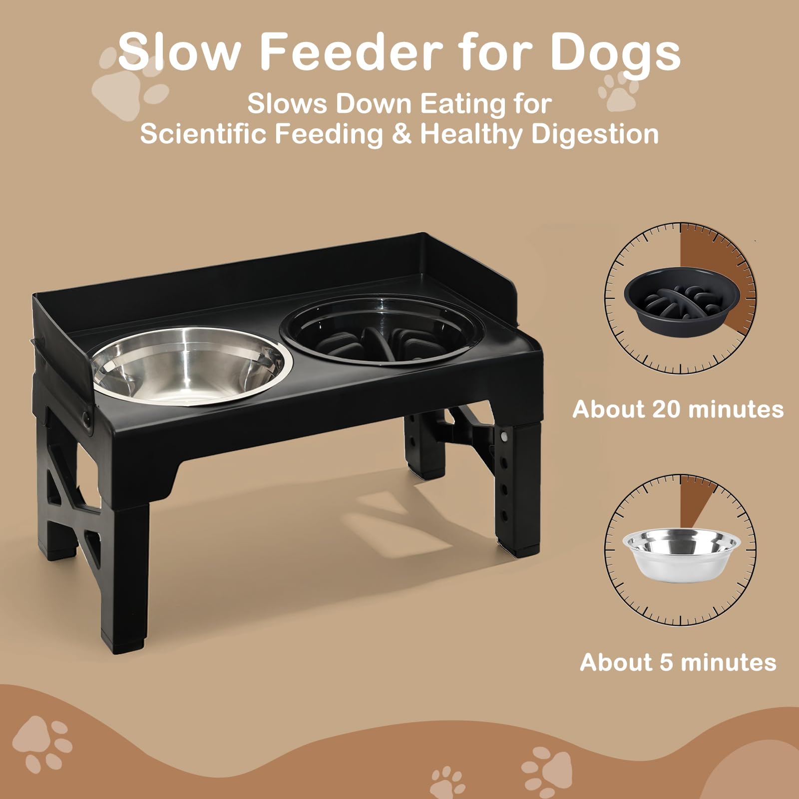 Hundenapf erhöht mit Spritzschutz, 5-Fach höhenverstellbar, Futterstation mit 2 Edelstahlnäpfen & 1 Slow Feeder Napf, rutschfest, klappbar, für kleine bis große Hunde, Schwarz