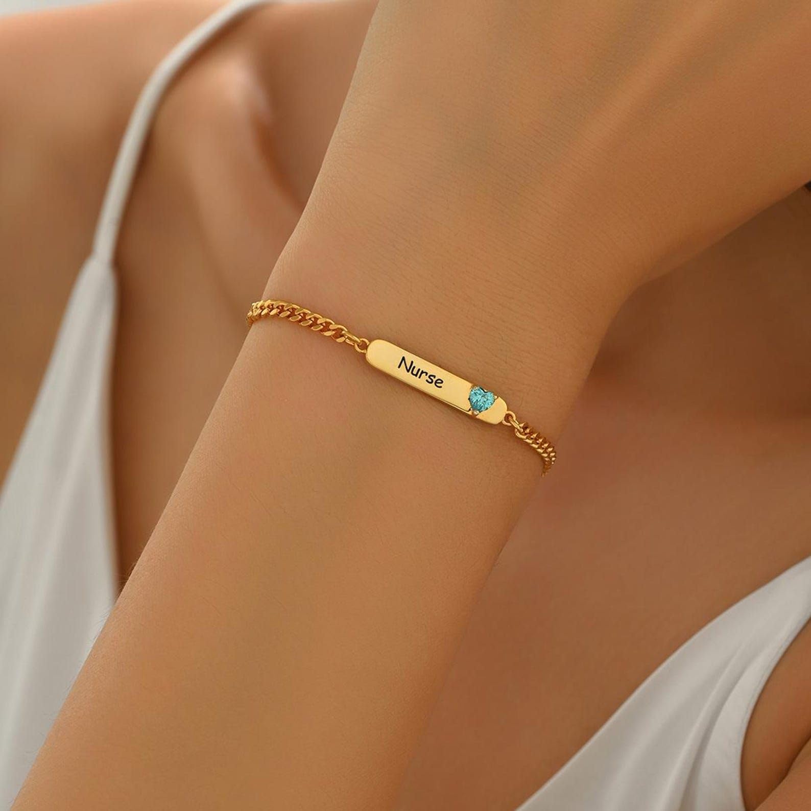 Nombre barra Pulsera de piedra de nacimiento 925 Pulsera de oro de plata con piedras preciosas Nombre grabado para mamá cumpleaños hecho a mano