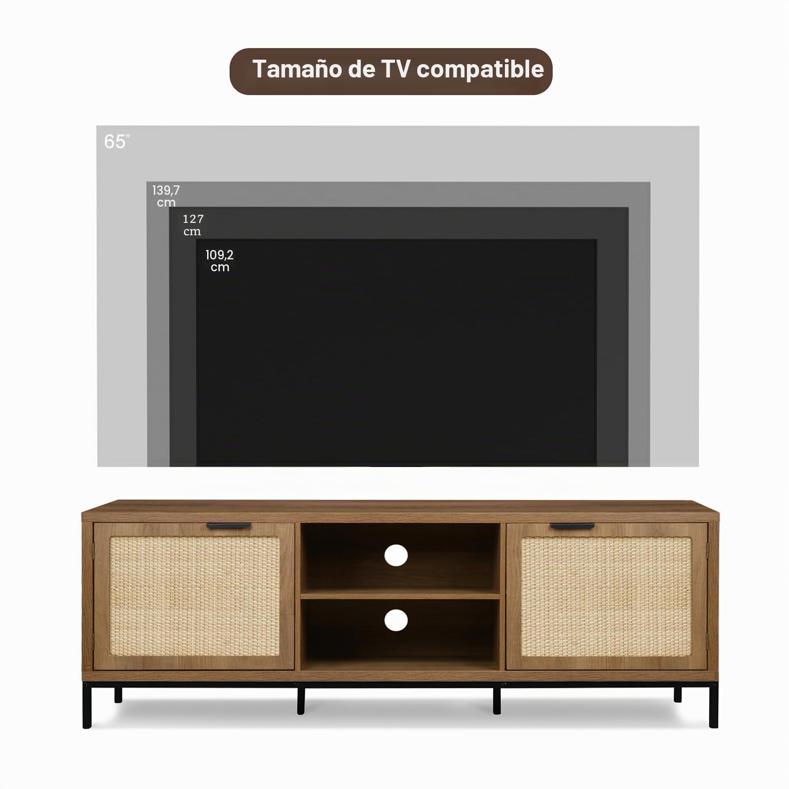 Mueble de TV 150cm de 2 Rattan Puertas, Muebles de Salon Modernos y 2 Estantes Abiertos, Mesa de TV para Televisores de hasta 65 Pulgadas, para Salón, Comedor, Dormitorio