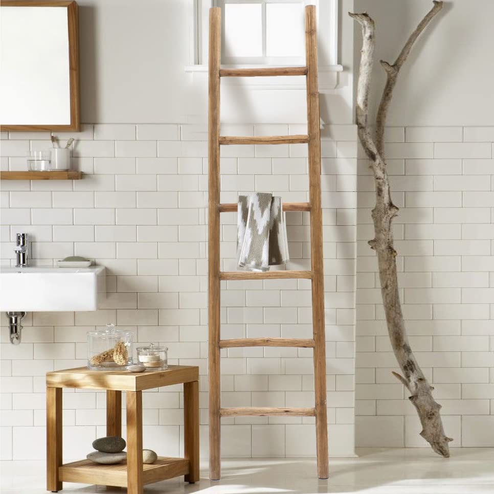 LuxenHome Rustic 6ft Decorative Blanket Ladder, Fully Assembled Nature Wood Decorative Wall Leaning Blanket Ladders, Bathroom Storage Quilt Towel Display Rack Shelf Holder Rustic Farmhouse