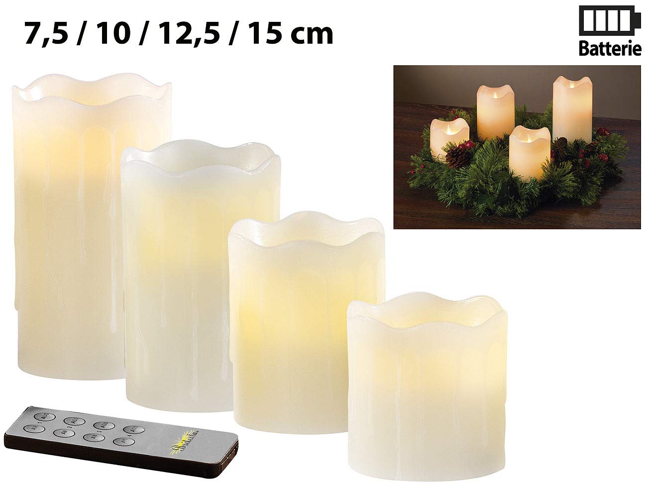 Adventkranz LED: Adventskranz mit weißen LED-Kerzen, rot geschmückt (Adventskranz mit Lichtern, Weihnachtskranz mit Kerzen, Weihnachten)