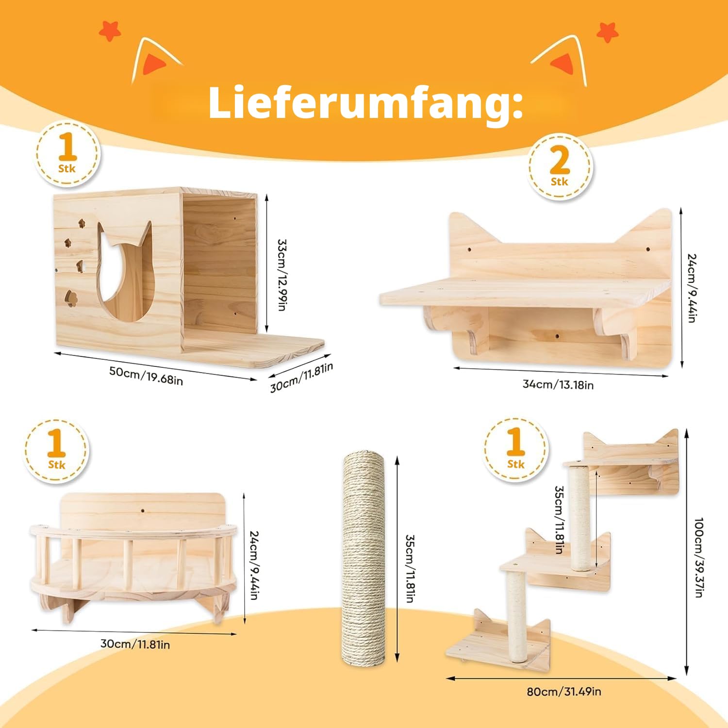 Katzen Wandregale, Katzenwandmöbel Set, Katzenregale und Sitzstangen für Wand, Kletterregal Spielplatz, Katzenkratzbaum mit 3 Stufen Wandregal Innen Wandmontage Cat Condos Haus