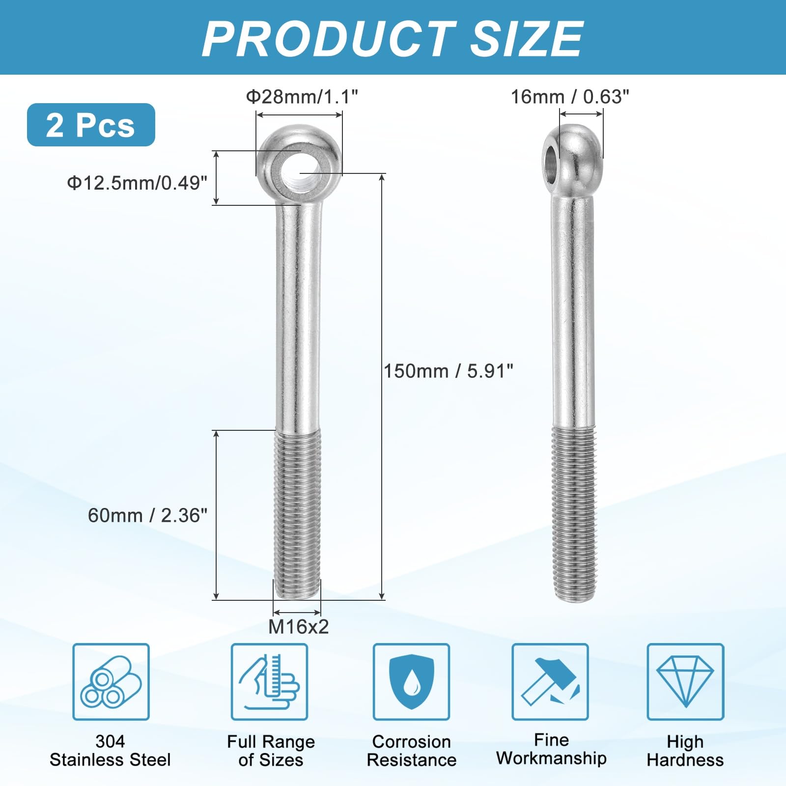PATIKIL 2 Pcs M16x150mm Shoulder Swing Lifting Eye Bolt - Image 2