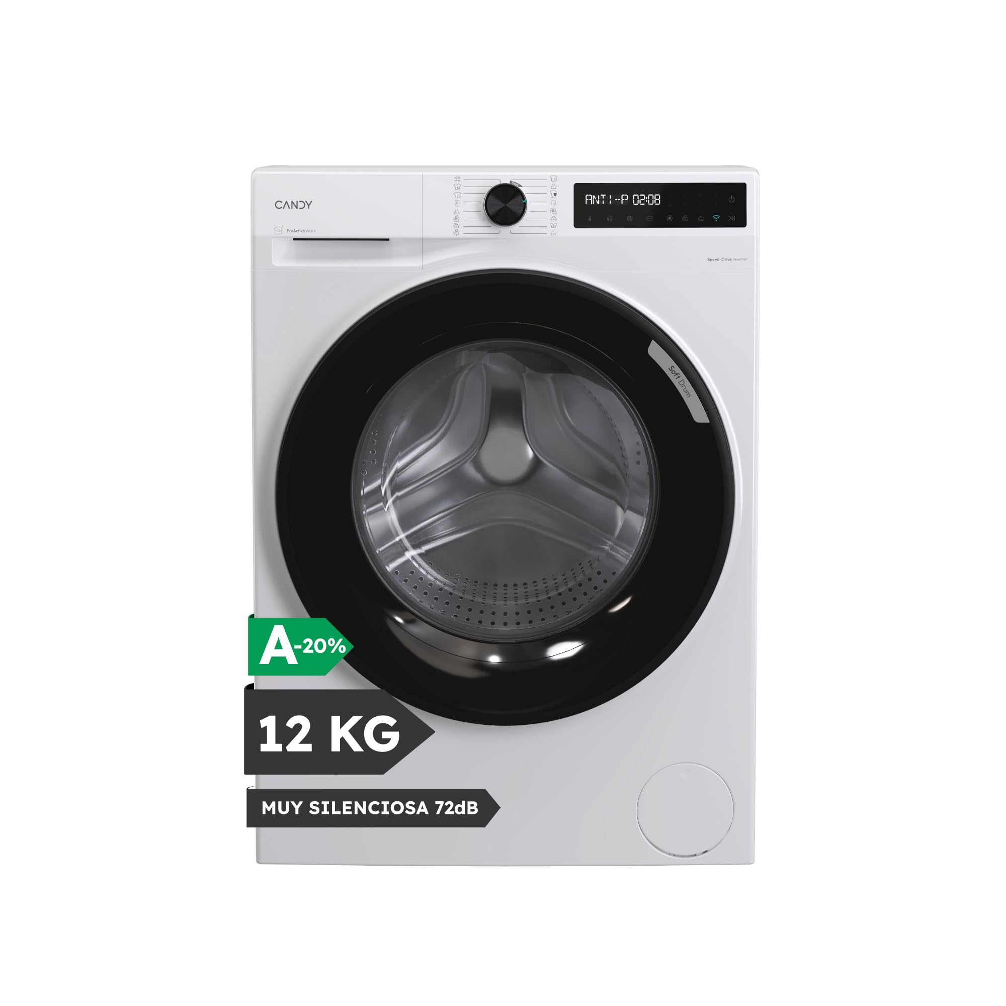 Candy ProWash 500 BR 412BL8-S Lavadora 12 KG, 1400 RPM, Display Digital, Conectividad WIFI, 16 Ciclos, Inverter Speed Drive, Inicio Diferido 24H, Bloqueo Infantil, Detector KG, 72 DB, Blanco