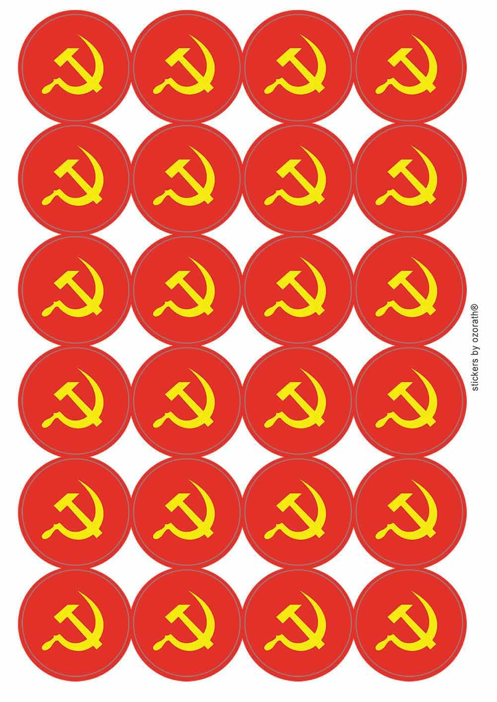Communist Hammer and Sickle Symbol Circular Matt Paper Stickers A4 Sheet of 24 (Each Sticker is 45mm Diameter)