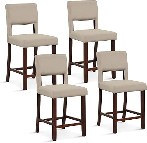 COSTWAY Juego de 4 taburetes de bar, sillas de lino de 24.5 pulgadas de altura de mostrador con respaldos huecos, patas de madera de goma, taburetes