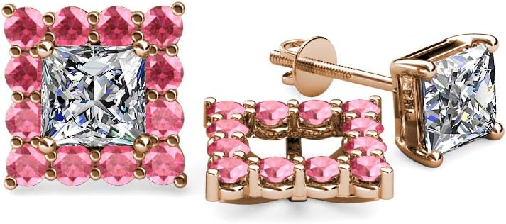 Pink Tourmaline Halo Jackets for Princess Stud Earrings 0.80 ctw 14K Gold