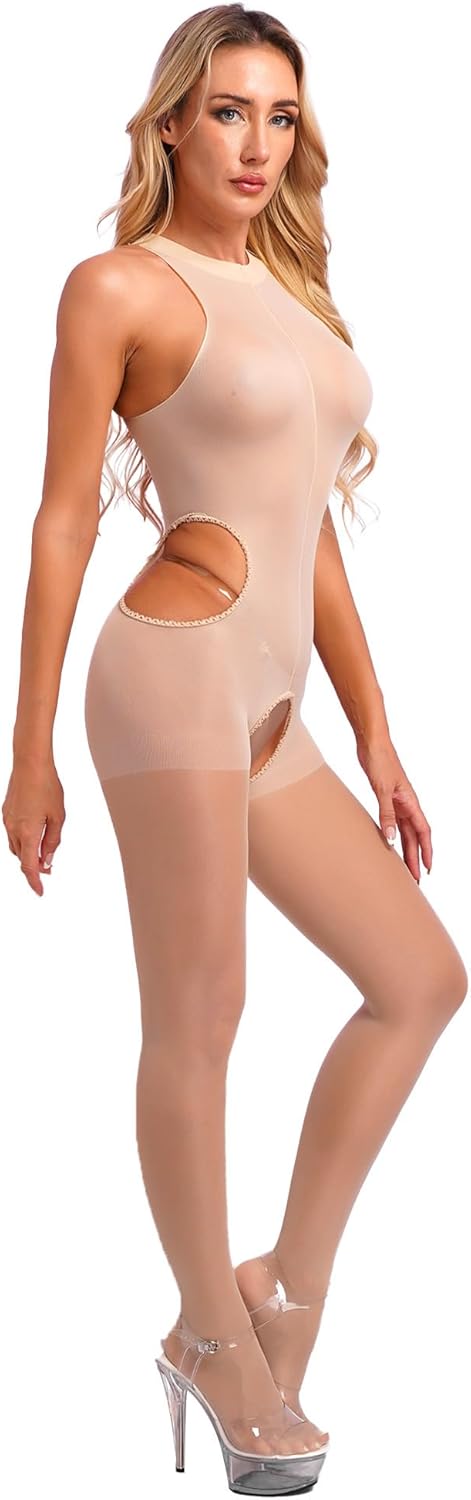 iiniim Women's Ice Silk Crotchless Bodystocking Smooth Sheer Mesh Jumpsuits Bodysuits Shapewear - Image 4