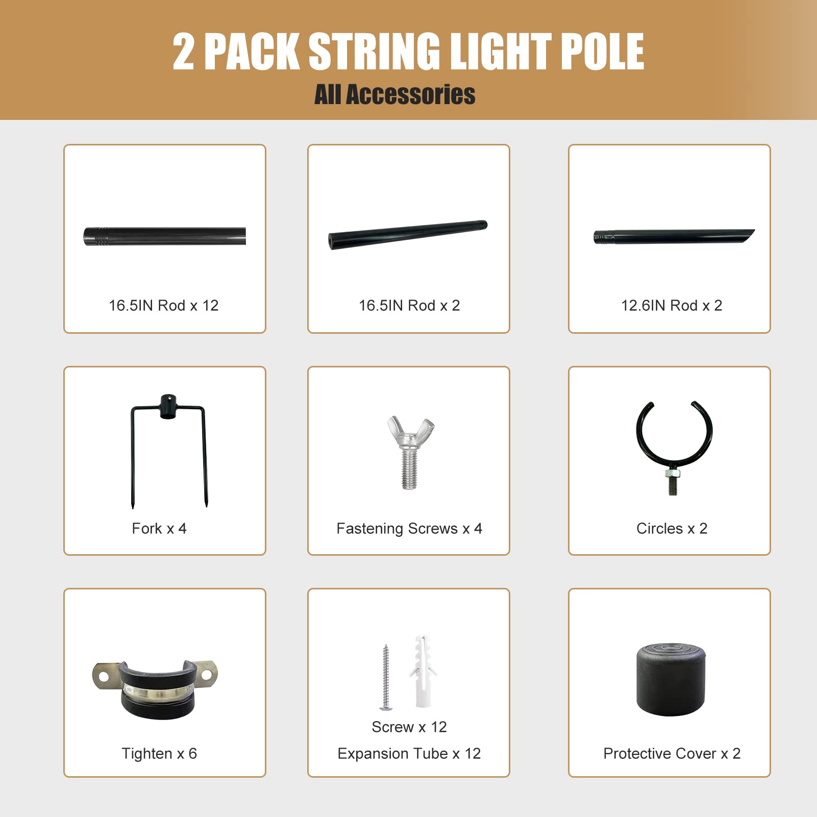 JooMoo String Light Poles - 10.5ft String Light Poles for Outside 2 Pack, with Forks and Fence Fixtures for Backyards, Bistros, Patios and Decks Light Pole