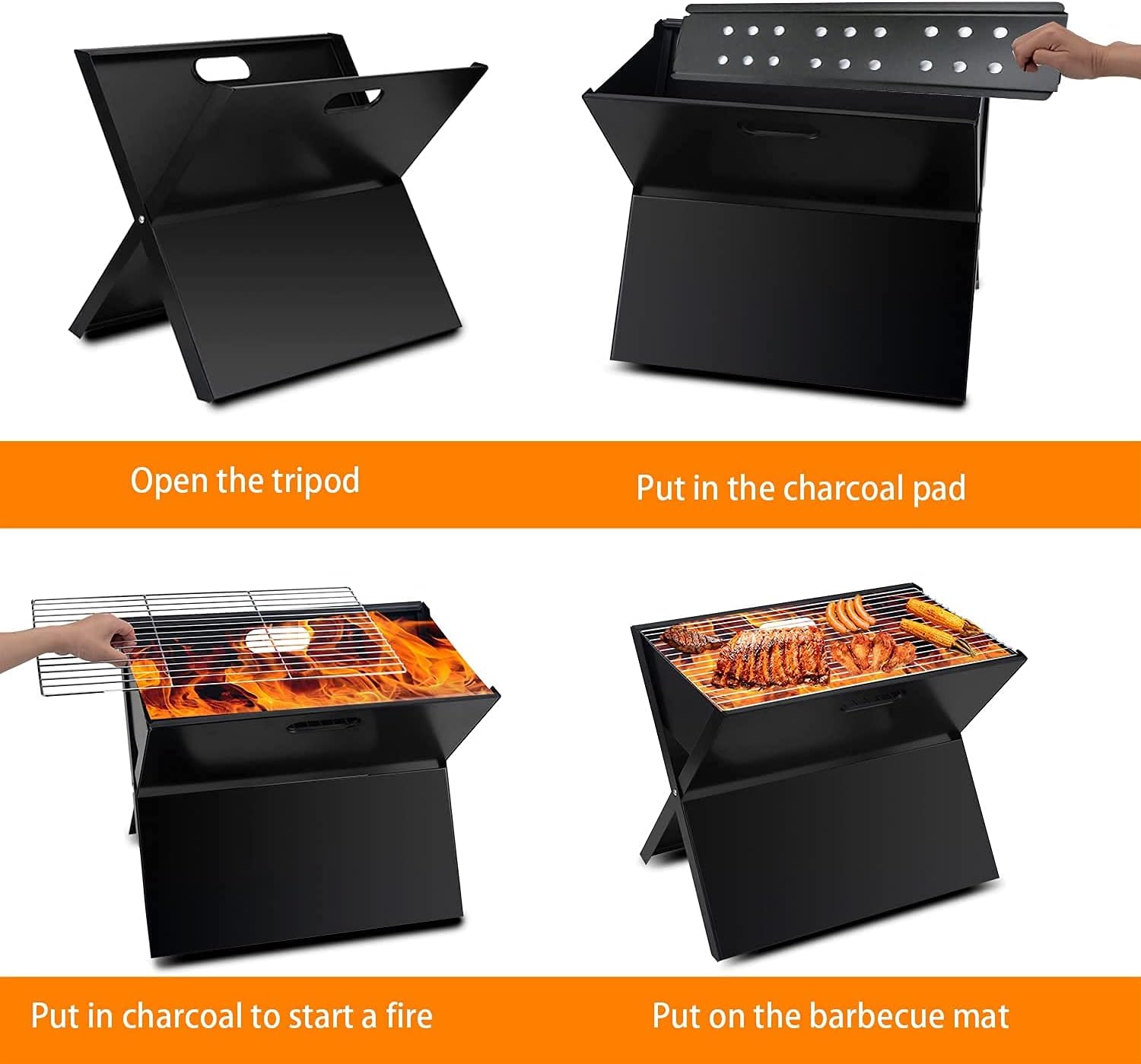Tripod Design Folding Charcoal Grill, Portable Barbecue Grill, Lightweight BBQ Smoker Outdoor Table Grill, 40 x 28.5 x 30 cm, for 3-5 People