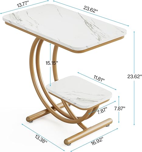 Miniatura 3 de Mesa auxiliar moderna de 2 niveles con mesa de mármol sintético para sala de estar, mesita de noche en forma de C blanca y dorada para dormitorio,