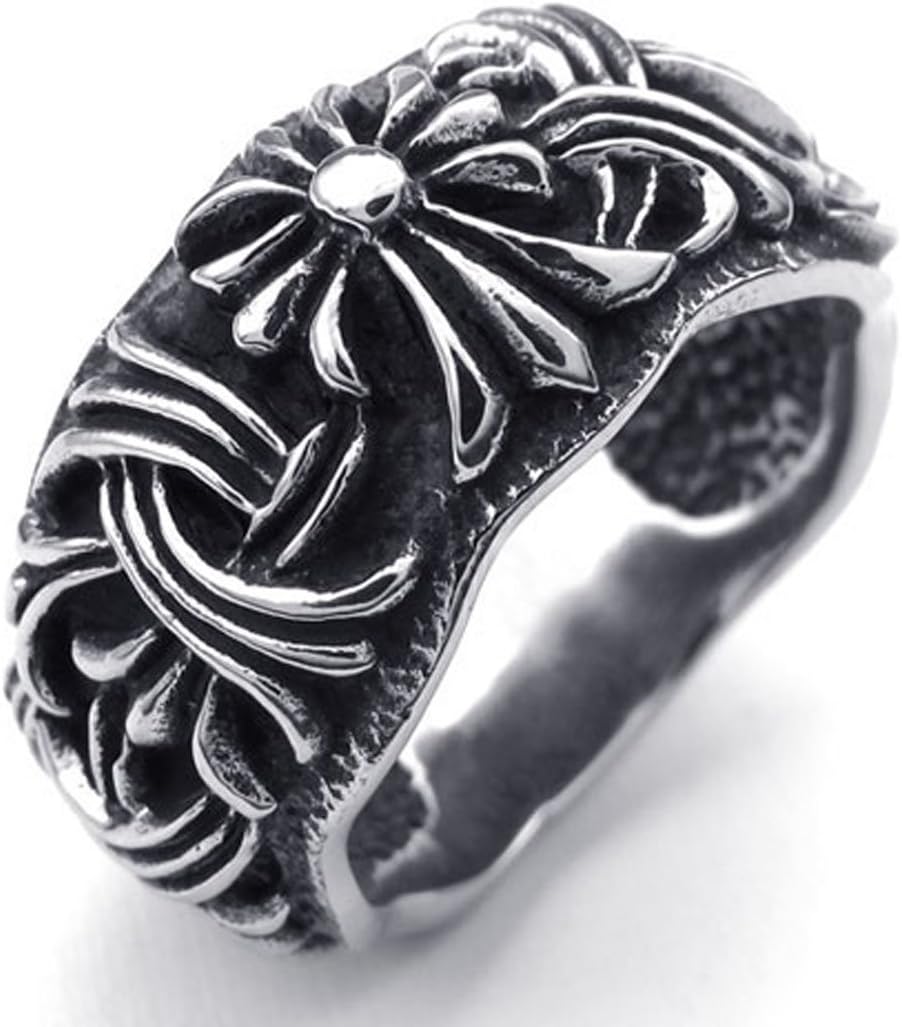 [PW] Vintage Stainless Steel Band Mens Cross Ring for Men Women Black Silver