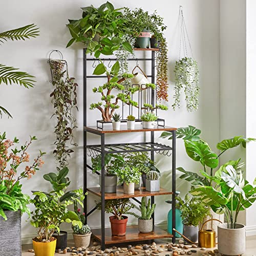 YMYNY Kitchen Baker's Rack, Microwave Oven Stand with Storage Shelves, Industrial Coffee Bar Station, with Adjustable Wine Holders and S-Hooks, Metal Frame, Rustic Brown, 59×40×143CM, HBR001H - Image 3