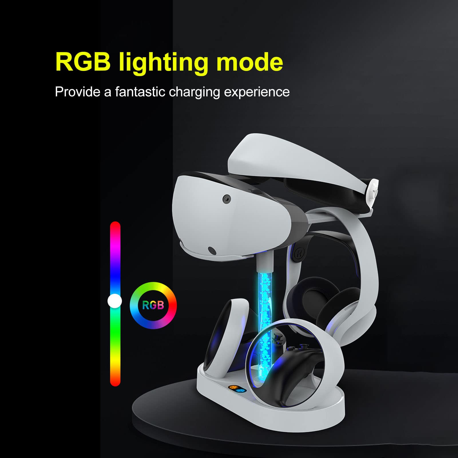 Base di Ricarica Magnetica per VR2 Vontroller e per Console Stazione di Ricarica Rapida USB RGB con Supporto per Cuffie, Supporto di Ricarica PS VR2 Sense con 4 Ventose