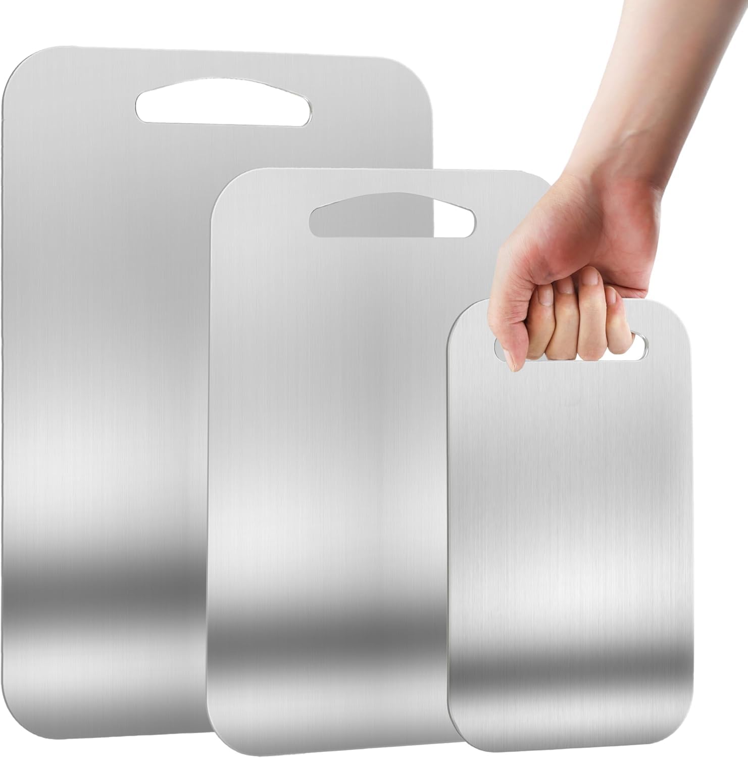 URMONA Set de 3 Tablas de Corte de Acero Inoxidable 304 para Cocina, Incoloro e Inodoro, Doble Cara, Bordes Sin Rebaba, Apto Lavavajillas (XL+2XL+3XL)