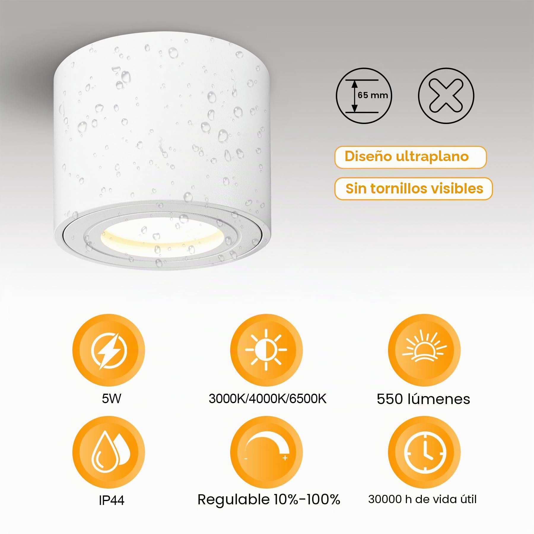4x Focos LED Interior Techo Blanco, Aplique Techo Interior IP44 Ø80x65mm Plano, Foco 230V Incluye Módulo LED 5W 550LM, 3000K/4000K/6500K Dimmable, Aluminio,Foco para Baño