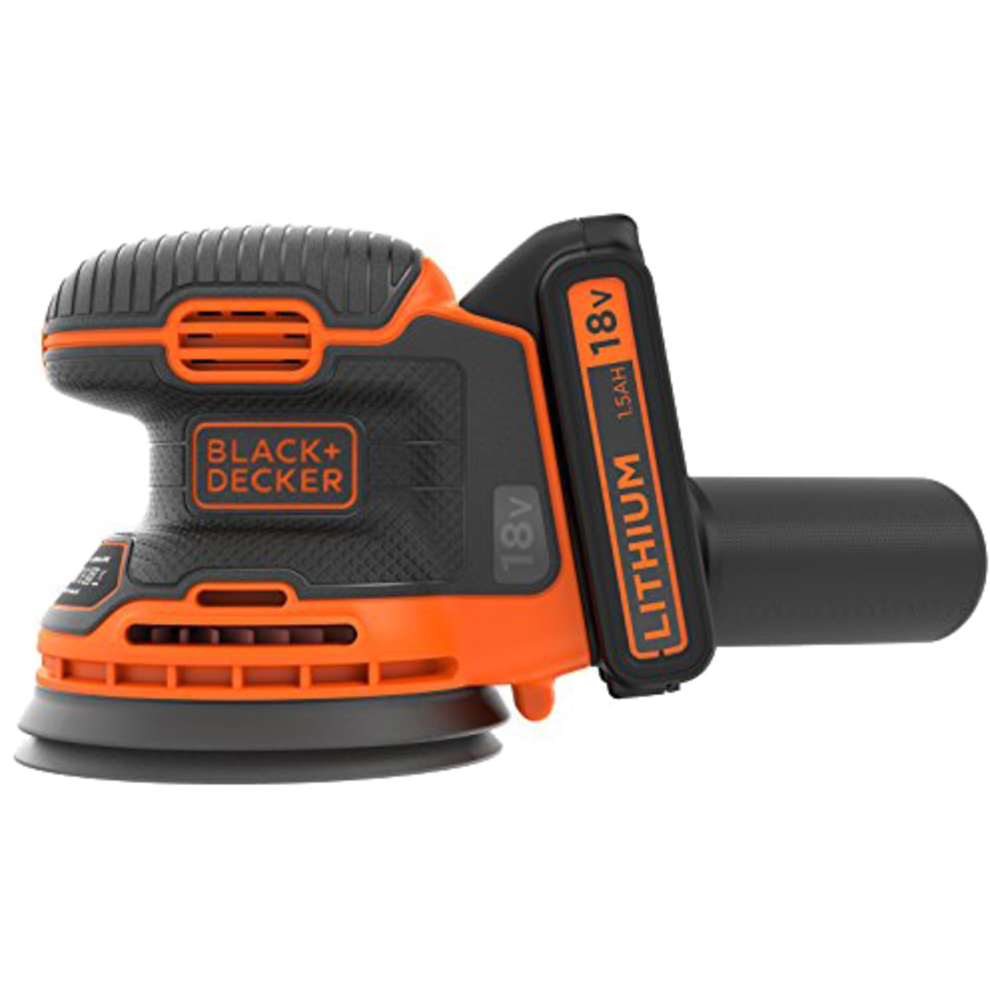 Black+Decker Akumulatorowa szlifierka mimośrodowa (18 V, 1,5 Ah, do szlifowania/polerowania, ergonomiczny uchwyt, w zestawie akumulator, ładowarka, kratka szlifierska (K80) i torba na narzędzia,