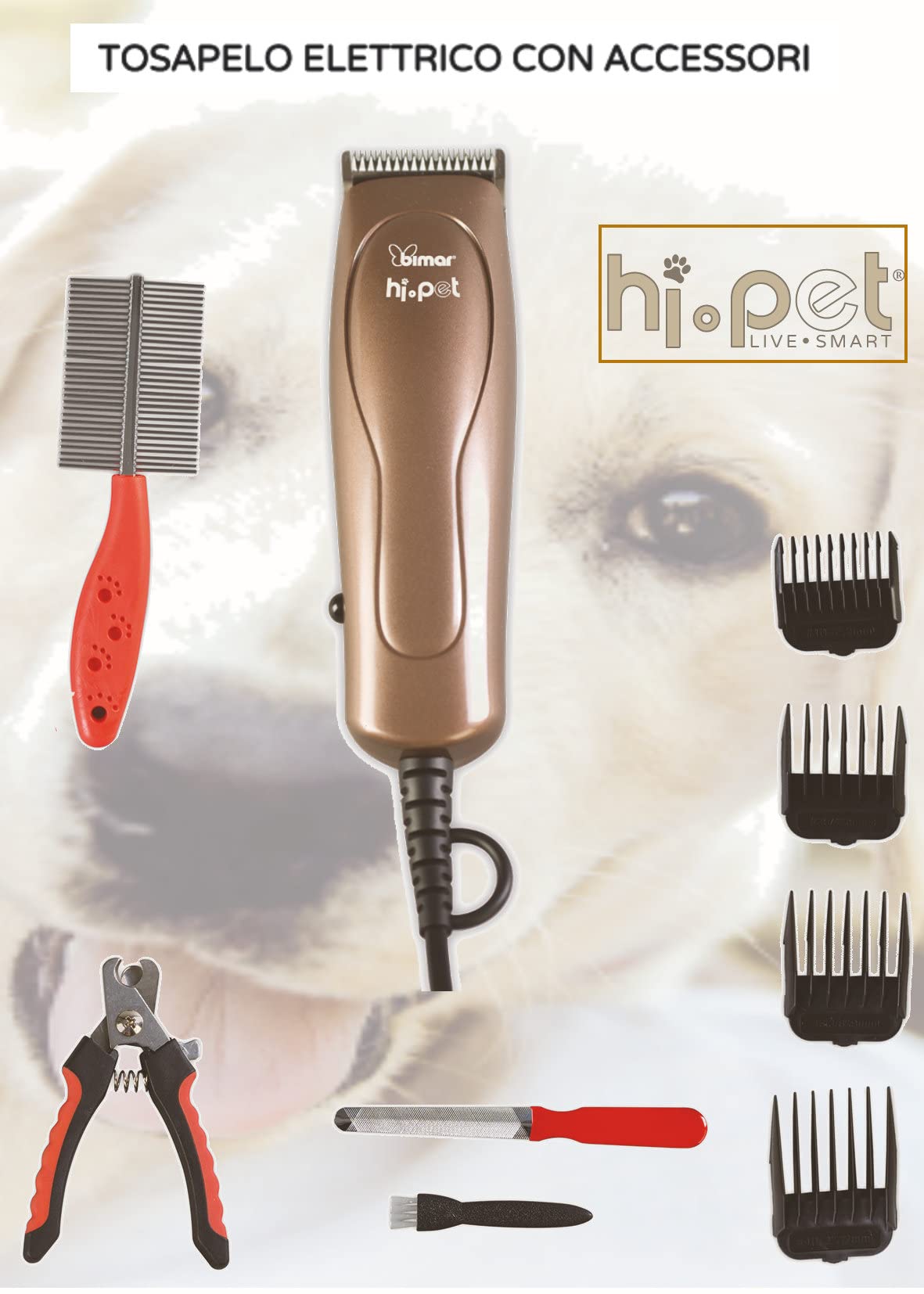 Bimar HI.PET Cortapelos Eléctrica con Cable para Perros con Accesorios PTE1, Set de Aseo para Animales que Incluye Cepillo y Peine de Metal, Pinzas y Limas de Uñas, Kit de Estuche Ordenado