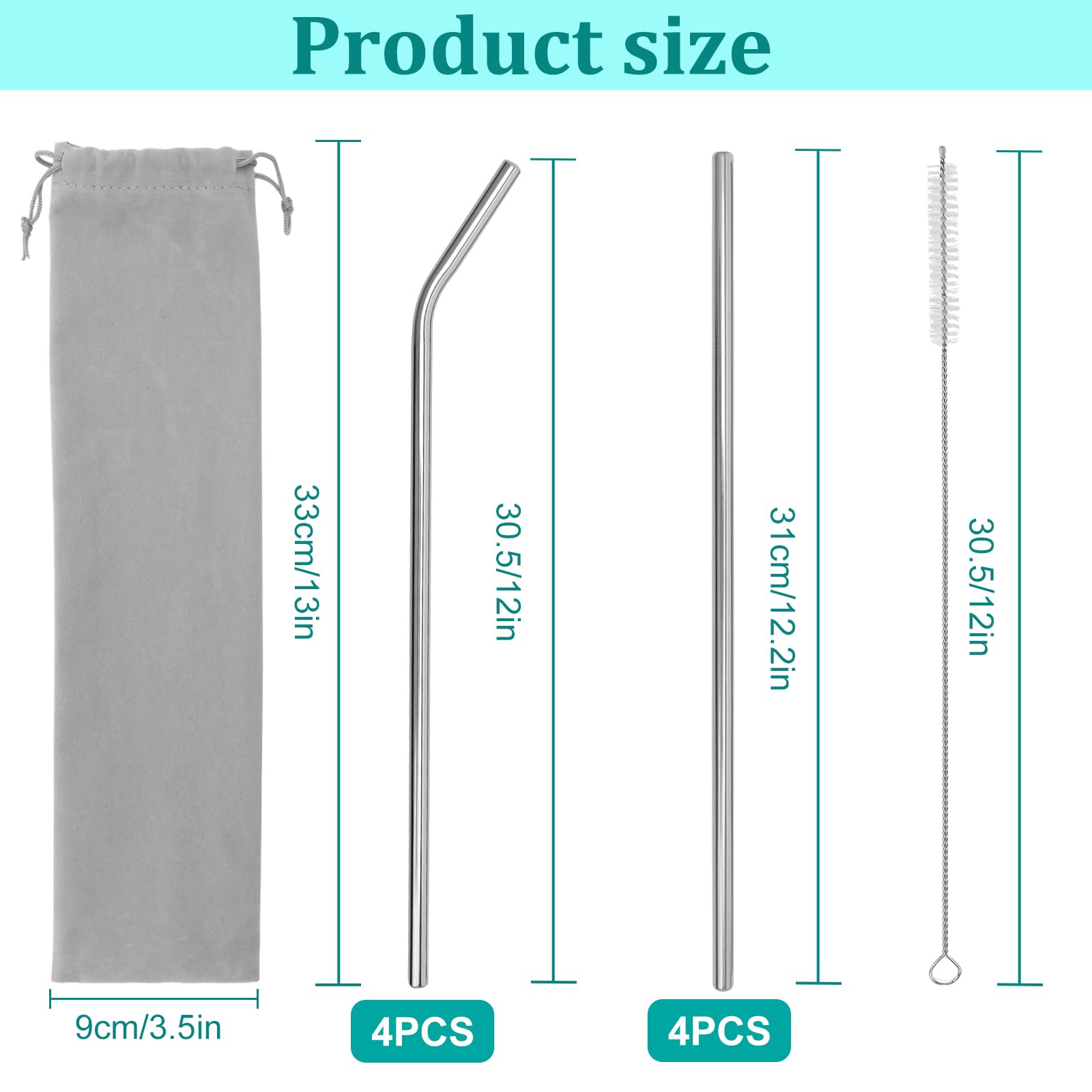 Pack de 8 pajitas de acero inoxidable 304 reutilizables de 31 cm con cepillo y bolsa, pajitas extra largas para vasos de 40 oz, batidos y bebidas frías