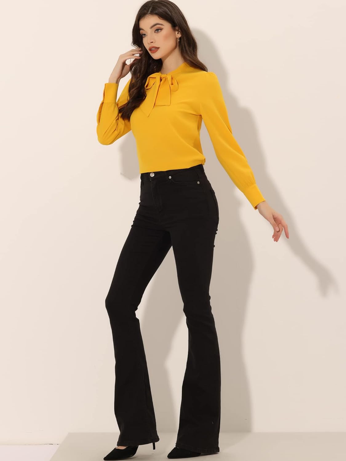 Allegra K Women's Bow Tie Neck Elegant Top Long Sleeve Solid Work Office Blouse - Image 2