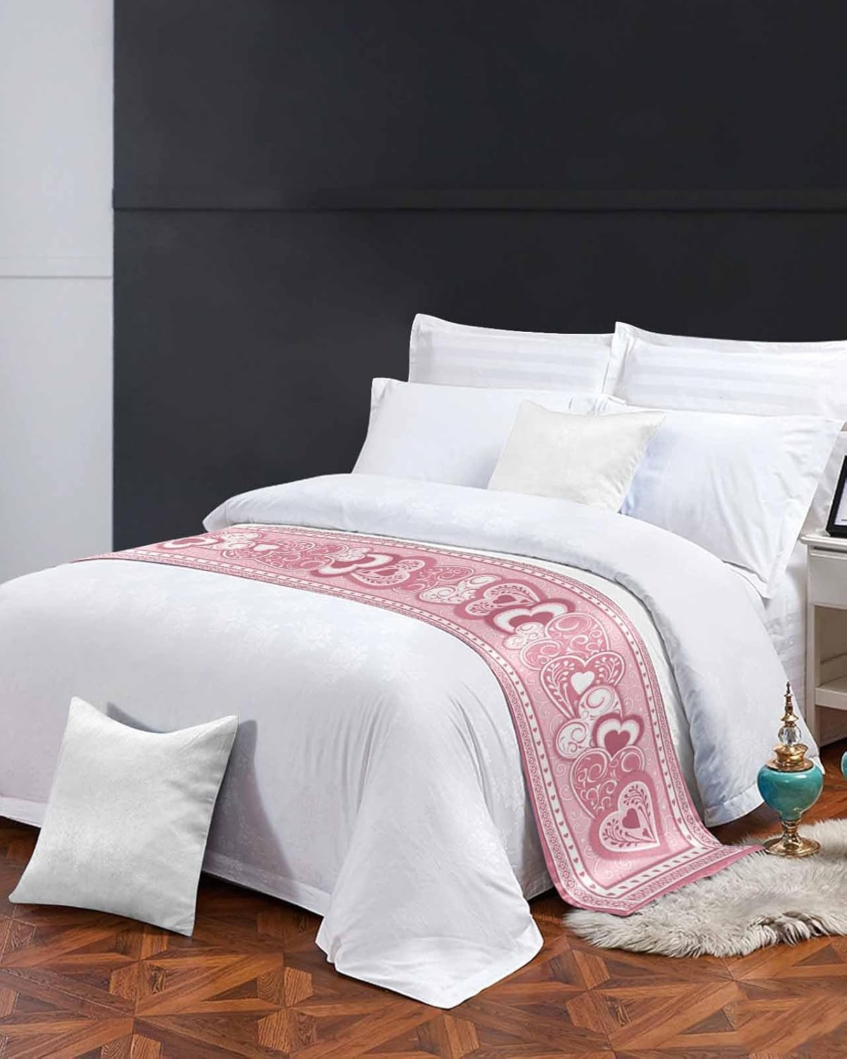 Valentine Love Pink Bed Runner Scarf Bedding Accessory For Twin Size Bed,Soft Bed Scarves And Runners Stainproof Dustproof Bedroom Protector For Hotel,Valentine's Day Floral Leaves Heart 71"x20"