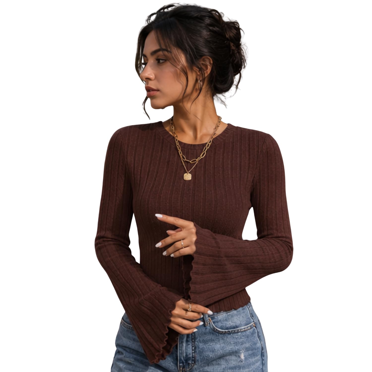 Women Ribbed Knit Top Long Bell Sleeve Round Neck Slim Fit Casual Stylish Top for Women-picture-35