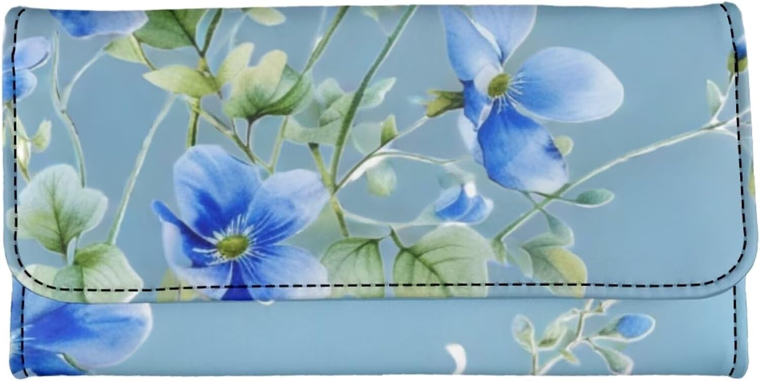 Pattern Blue Flowers 2 Long Clutch for Ladies Womens Large Luxury Women’s RFID Blocking Tri-fold Leather Wallet Large Capacity Ladies Purse Dust Resistnt Wallet