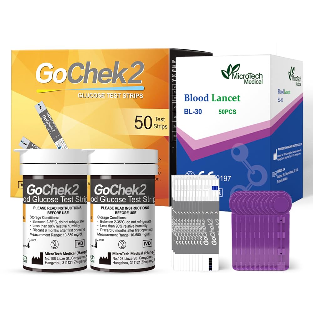 MicroTech Blood Glucose Test Strips & Lancets, 180d Valid, Immune to Blood Oxygen, only for Gocheck2, 50 Count.