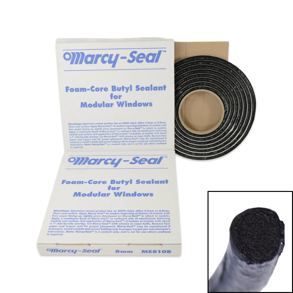 Marcy Adhesives ME810B - 8mm x 10' Foam Core Soft Seal Butyl Tape Roll - Automotive Auto Glass Adhesive - USA Made