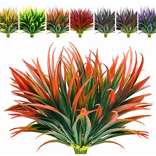 8 Pcs Outdoor Fake Plants UV Resistant Artificial Tall Grass Plants Faux Tropical Flowers Bushes Fall Winter Summer Planters Yard Patio Front Porch Décor Plastic Greenery Shrubs Decoration