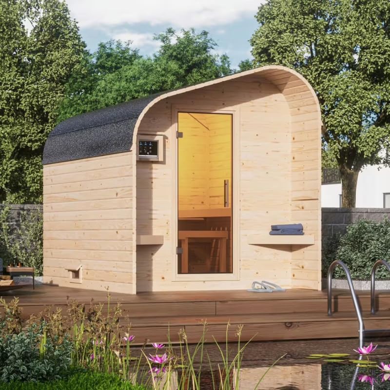 Karibu Sauna Extérieur Tonneau 4-6 Places | Bois Épicéa Nordique 38mm | Porte Vitrée, Poêle avec Contrôle Externe | 219x295cm, Toit Isolant