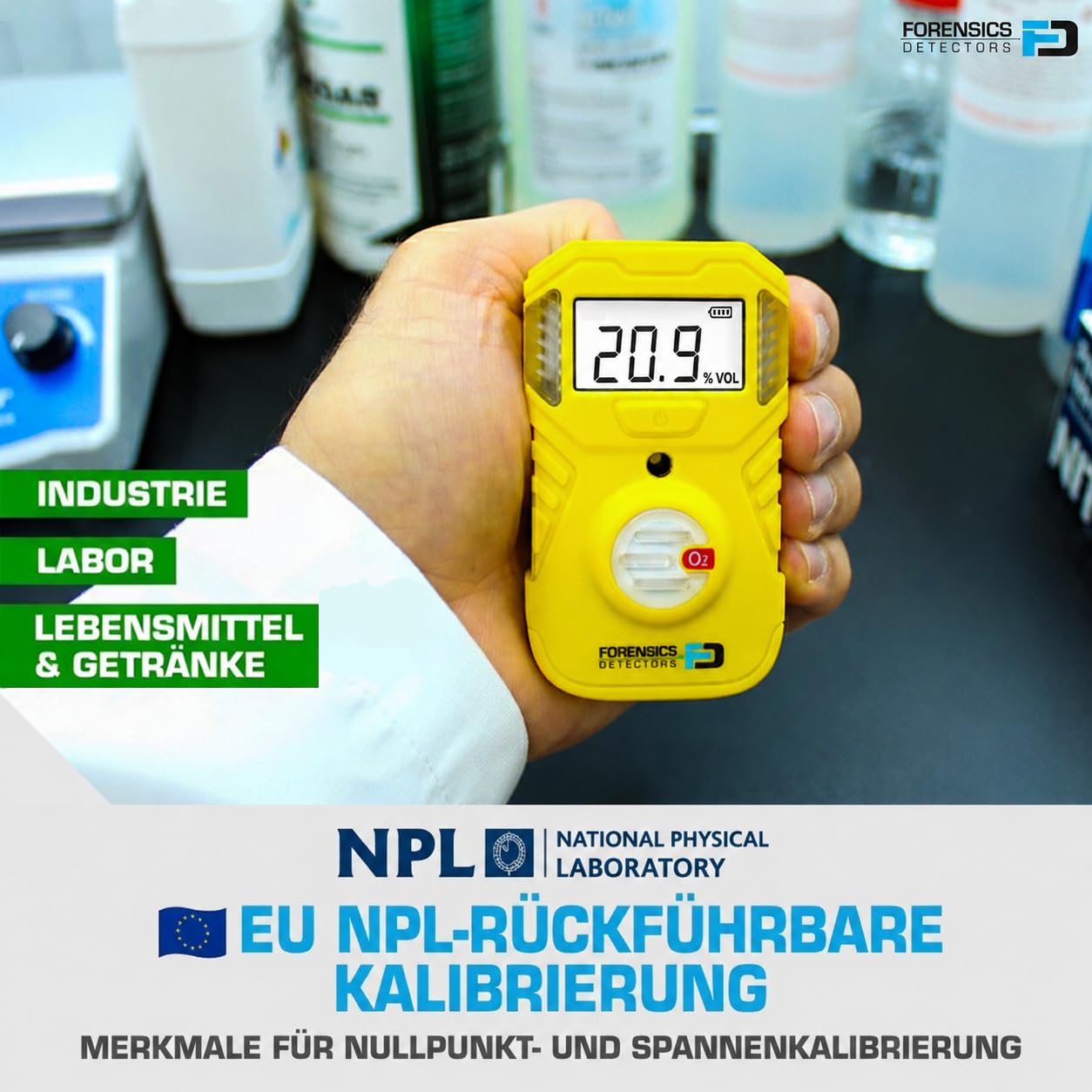Sauerstoffdetektor (O2) | EU-Kalibrierzertifikat | Batterielaufzeit 2 Jahre | Sturztest aus 10 Fuß Bestanden | Schutzart IP67