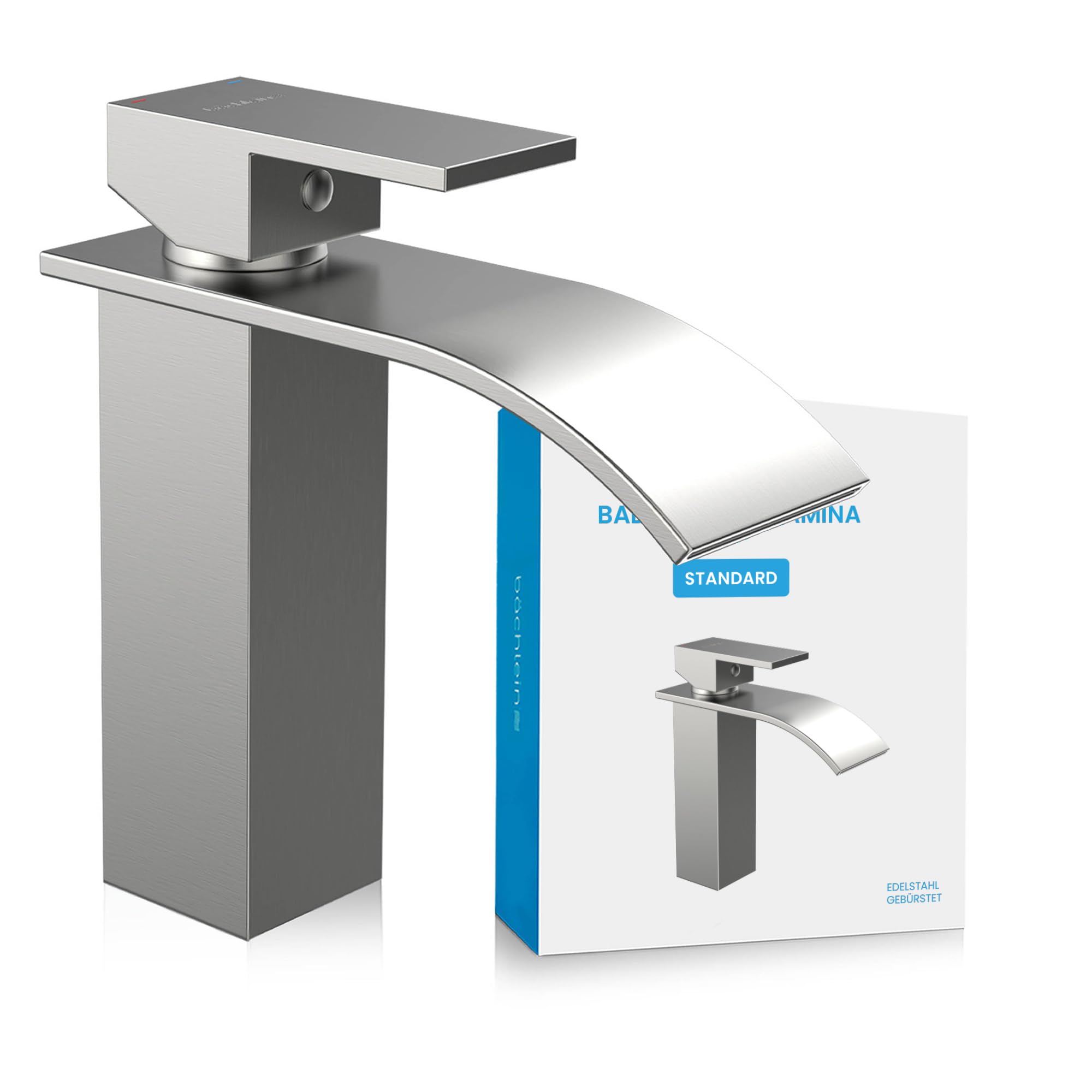 Bächlein Rubinetto per bagno Tamina in design a cascata, miscelatore monocomando con cartuccia in ceramica di lunga durata e set di montaggio, rubinetto da bagno in acciaio inossidabile