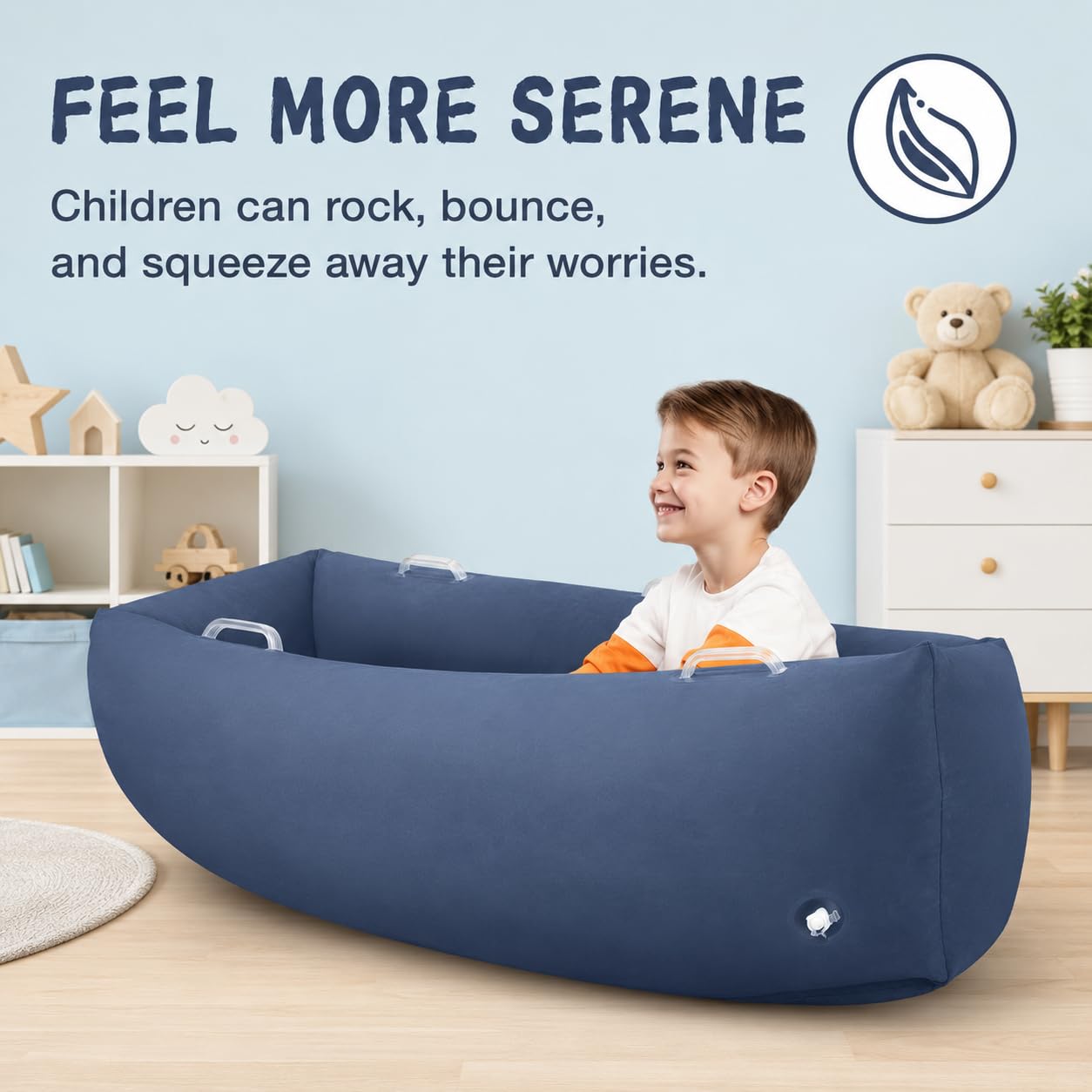 Silla sensorial inflable, 60 pulgadas, alivio sensorial para autismo para niños a partir de 3 años, tumbona portátil para leer, jugar y terapia, incluye bomba de aire eléctrica (azul)