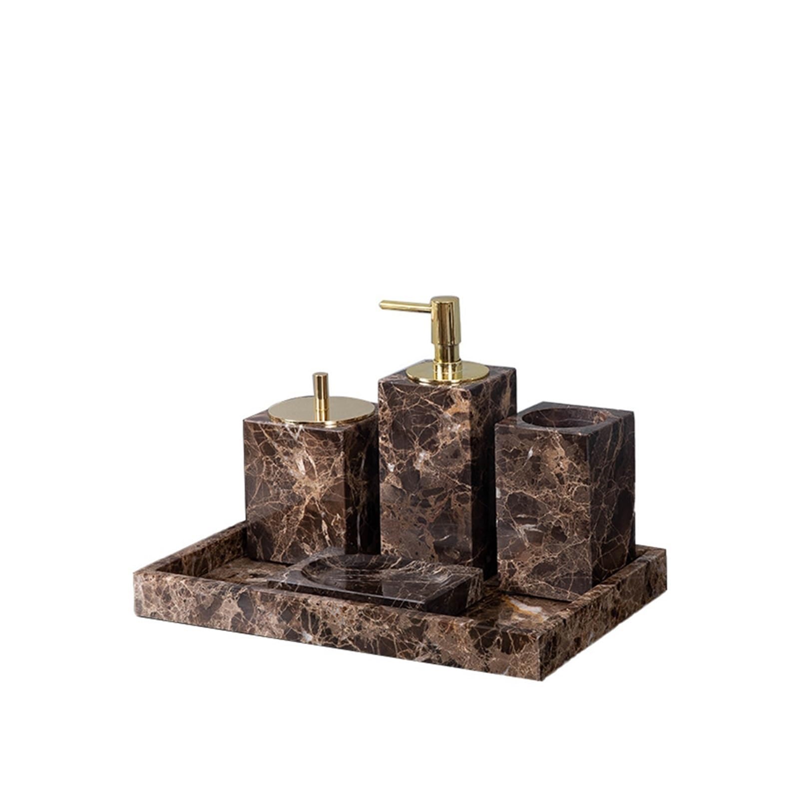Set Dispensador Jabon Baño Accesorios de baño de mármol natural marrón Dispensador de jabón de mármol de lujo Soporte for cepillo de dientes Juego de bandeja for jabonera for baño(Teacup-Square)
