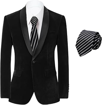 Mens Velvet Blazer Single Button Shawl Lapel Slim Fit Suit Jacket Dinner Dance Wedding Tuxedo with a Tie