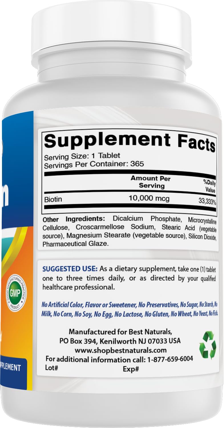 Best Naturals Biotin (Also Called Vitamin B7), 10,000 mcg 365 Tablets (365 Count (Pack of 1)) — Amazon image 6