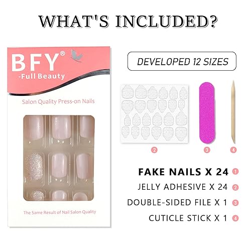 Miniatura 6 de Uñas cortas a presión de gel cuadrado con pegamento brillante, con diseño de purpurina plateada, blanco nude, decoración de uñas de invierno,