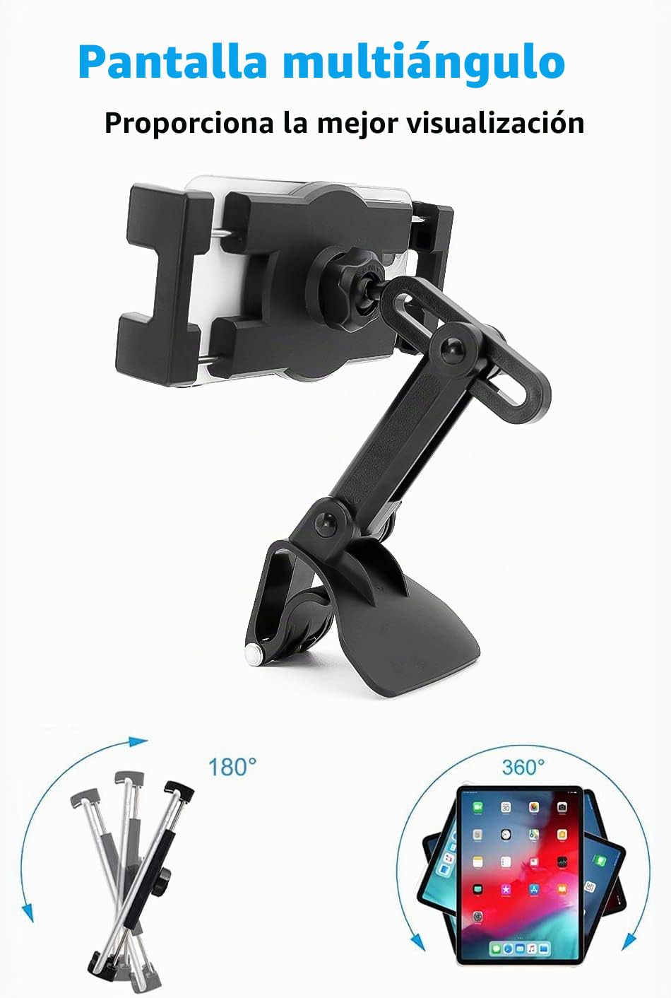 Soporte Coche Móvil con Clip para Salpicadero, Visera y Espejo Retrovisor | con Brazo Ajustable, para iPhone 17 Pro Max 16 15, iPad, Teléfonos y Tabletas 4-11"