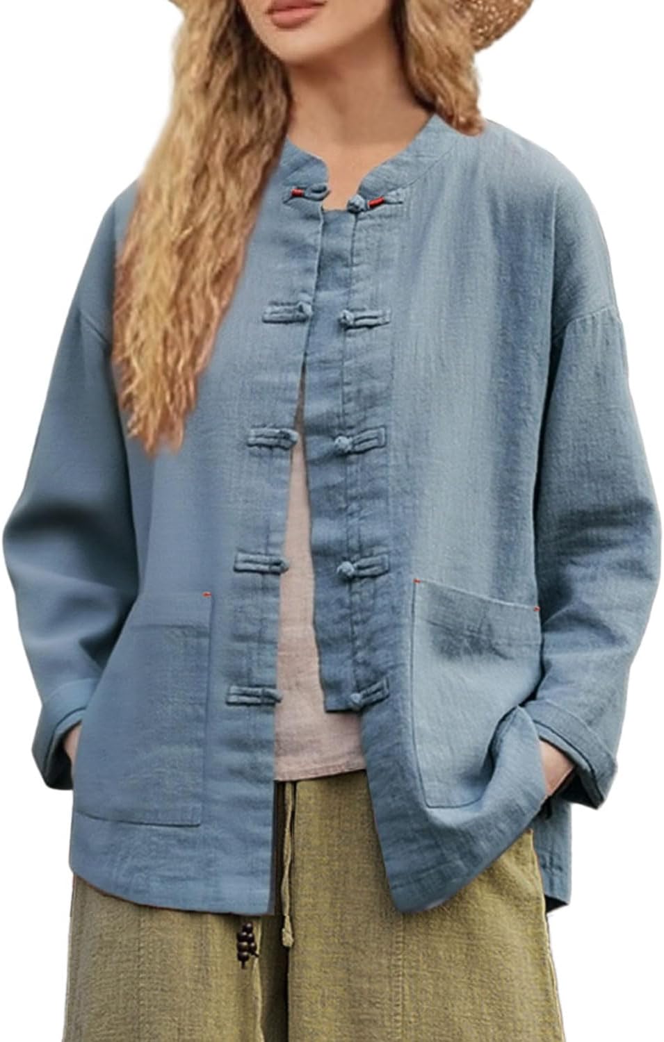 IXIMO Women's Linen Shirt Jakctes Vintage Cotton Long Sleeve Blouses Chinese Style Tunic Tops