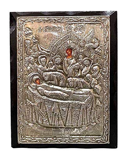 Mastic of Chios Handmade Greek Christian Orthodox Wood-Metallic icon The Dormition The Theotokos (24 X 19cm or 9.4 X 7.5 in) Solid Wood