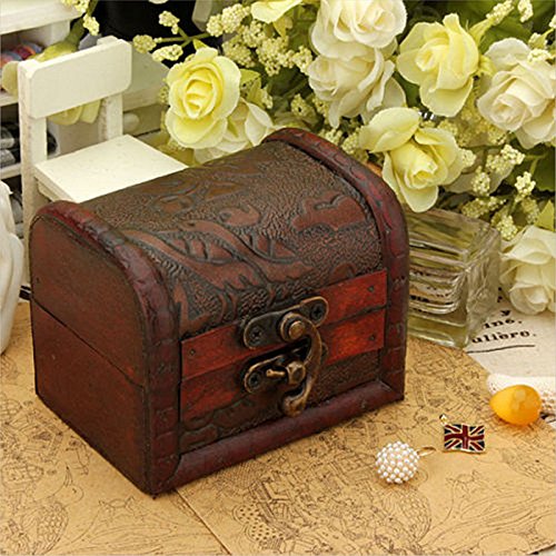 Small Vintage Jewelry Treasure Lock Storage Handmade Wooden Jewelry Case Box Random Color #TOP2